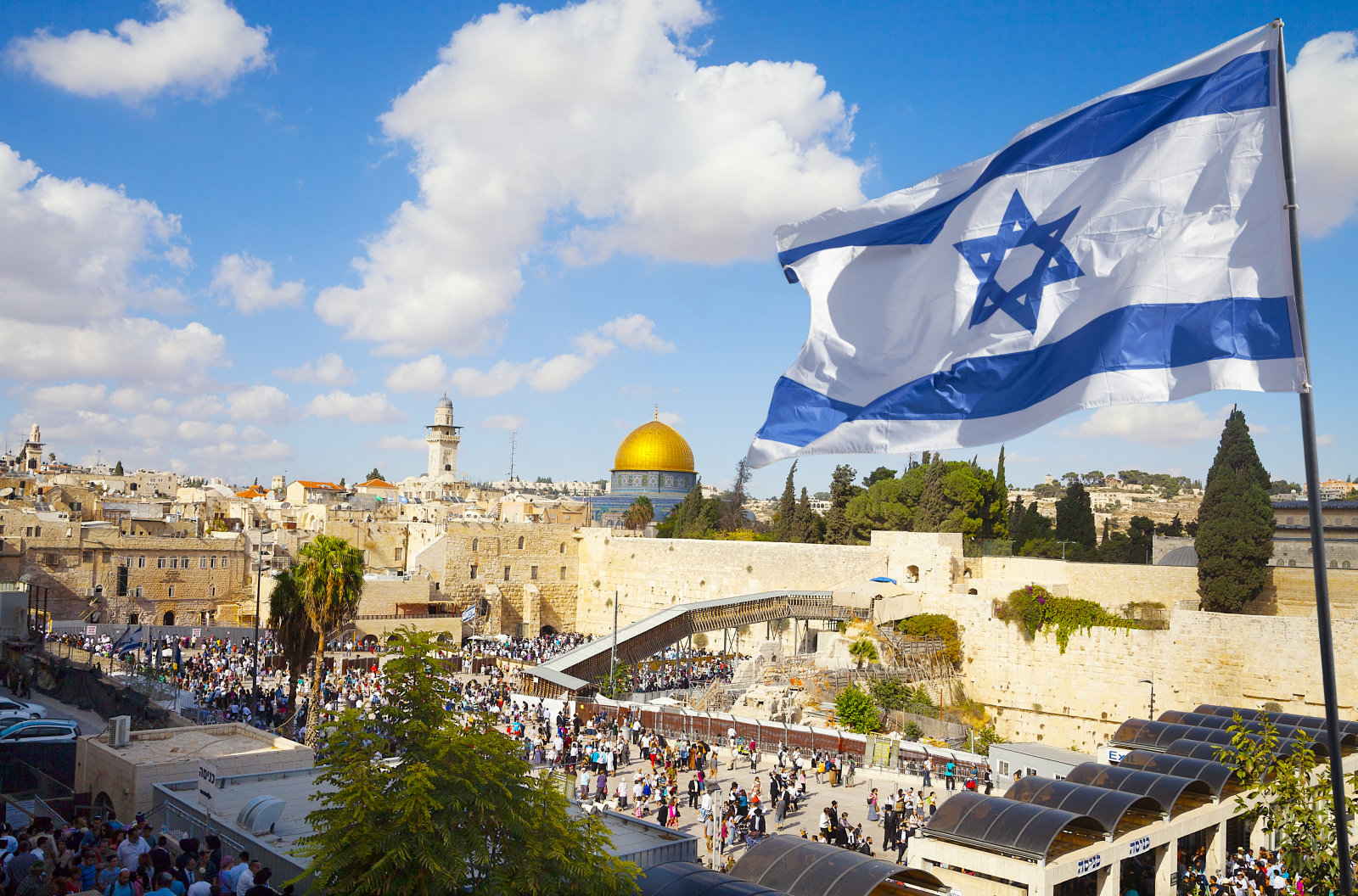 Jerusalem old city Western Wall with Israeli flag